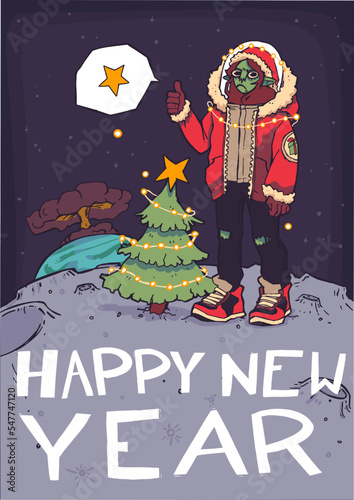 Christmas card with punk elf with Christmas attributes.