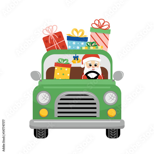 Santa is driving pickup with gifts. Santa Claus in car. Present. Flat, cartoon, vector