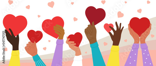 Donate hearts. Donations kindness banner, people hold red heart. Charity and volunteering, support empathy and love. Multicultural community decent vector banner