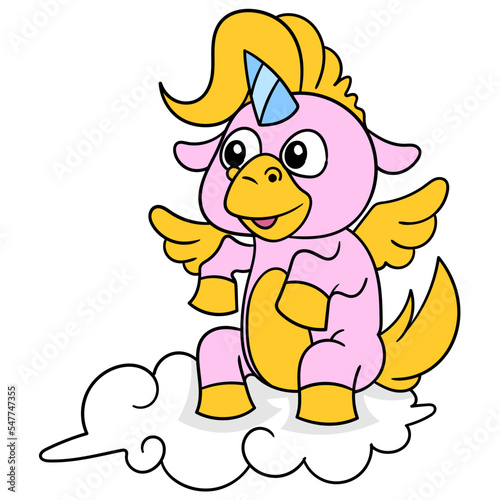 Editable vector of a unicorn with yellow hair sitting on clouds
