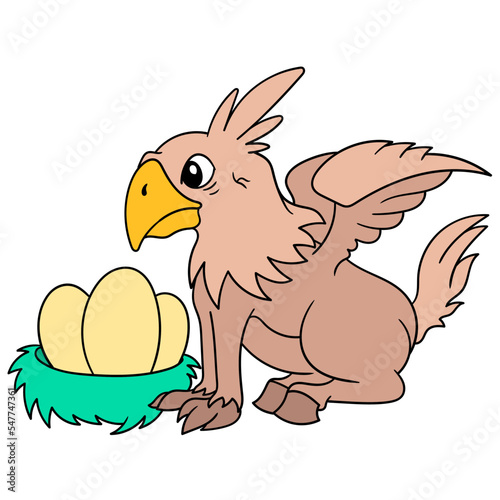 Editable vector of a brown eagle guarding its eggs in the nest