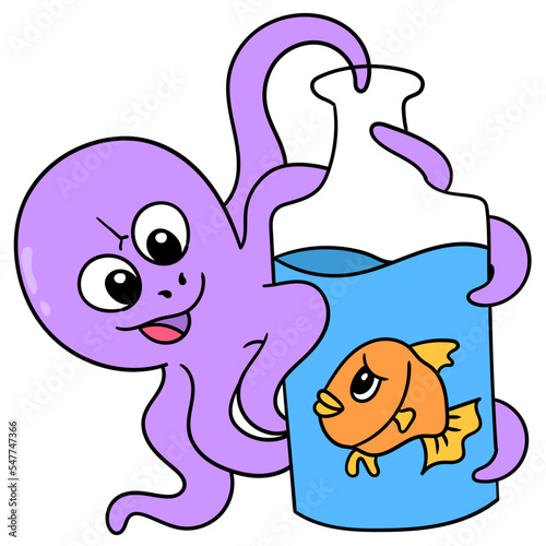 Editable vector of an evil octopus holding a fish in a glass jar