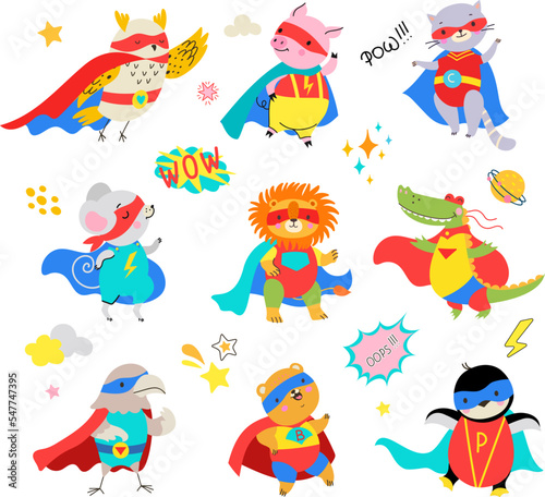 Cartoon animals cute superhero set. Child hero in cape and mask  comic animal childish characters. Isolated funny nowaday supermen vector clipart