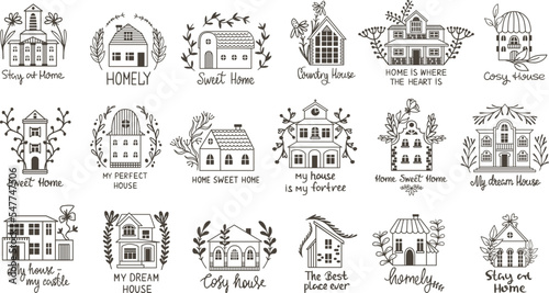 Doodle homes graphic logo. Cottage vintage style with plants, tiny hand drawn houses. Village buildings, architecture nature elements. Neoteric cute vector home