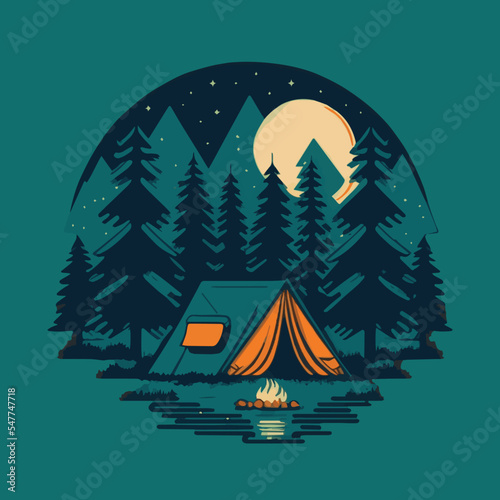 Camping Tent Illustration with Mountains Forest for Logo Badges Poster Emblem