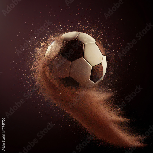 A soccer ball with sands particles flying through the air