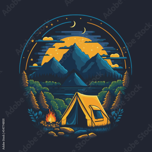 Camping Tent Illustration with Mountains Forest for Logo Badges Poster Emblem