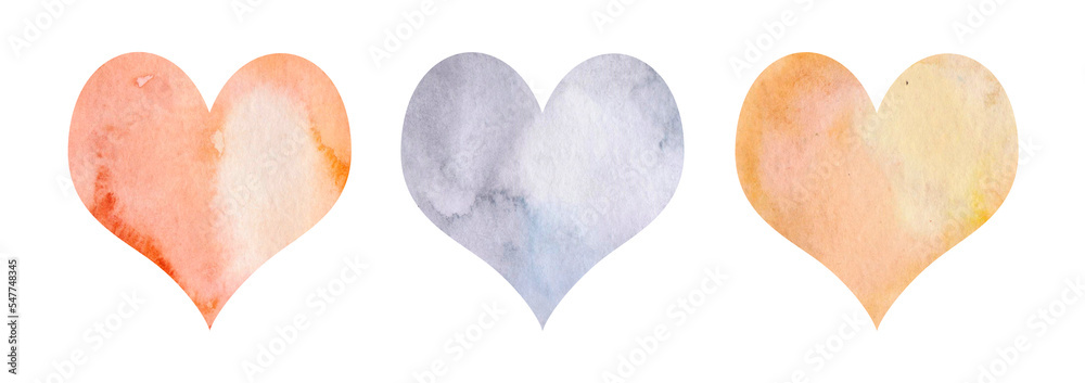 Hand Drawn Painted Golden And Silver Heart Isolated On White Background. Set. Watercolor