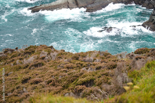 Kerry cliffs with green grass and dramatic clouds in cloudy autumn day, Kerry, Ireland.