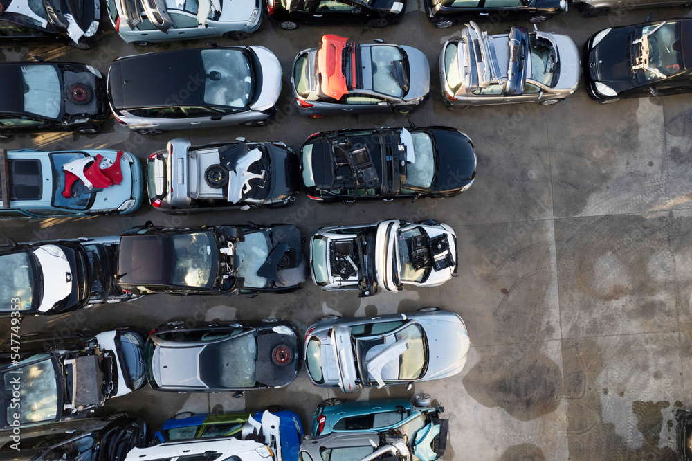 Aerial view of a small car demolition park - obrazy, fototapety, plakaty 