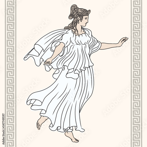 An ancient Greek woman in a tunic with bare feet stands, dances and gesticulates. Figure on a beige background with meander