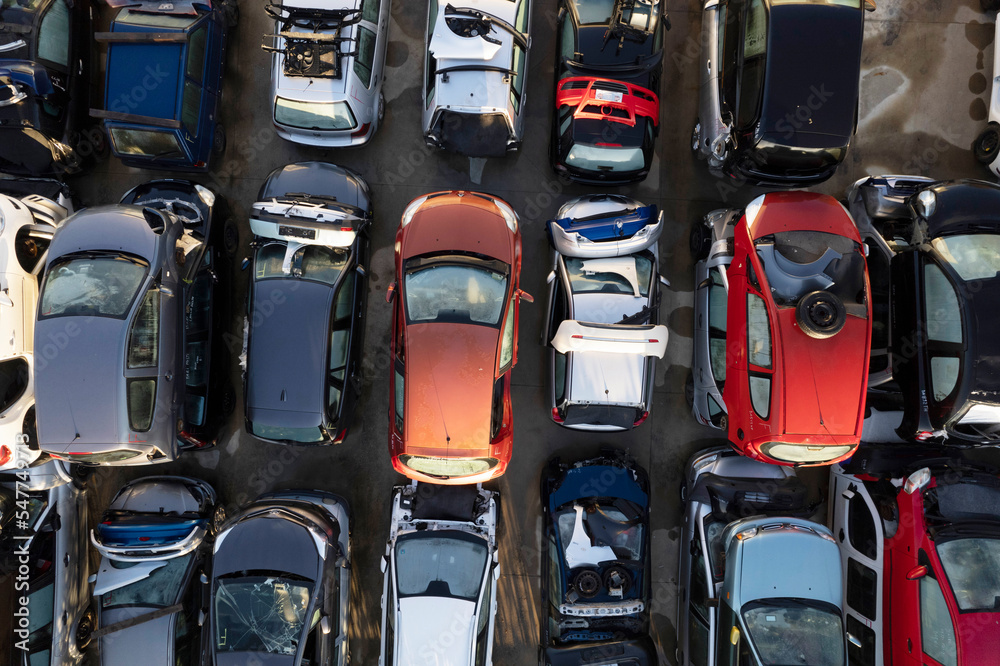 Aerial view of a small car demolition park - obrazy, fototapety, plakaty 