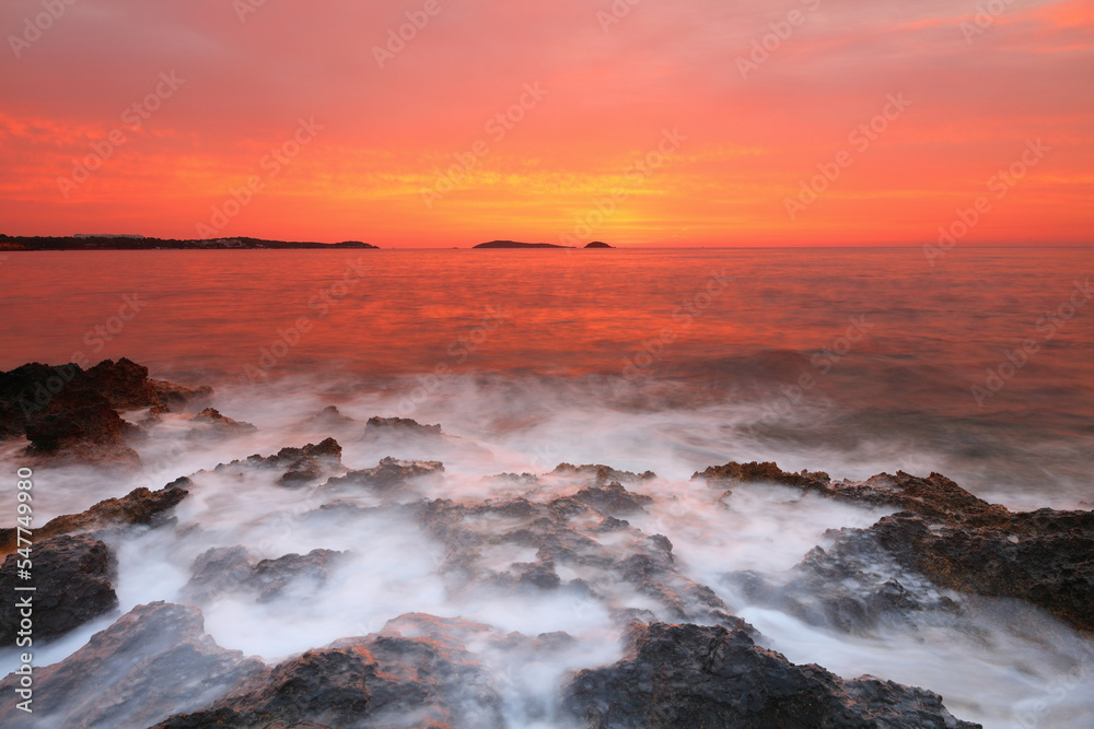 Waves crashing on Bombay Beach, Santa Eulalia, Ibiza, Balearic Islands, Spain. Europe.