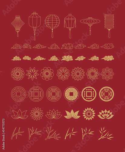 Asian new year decor. China flowers clouds lanterns branches coins elements, japan decorative symbols, vietnamese korean graphics