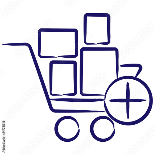 Shopping cart with several boxes inside and a button to add a bulk order. Simple outline vector blue icon drawn with brush isolated on transparent background