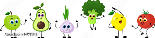 Happy cartoon fruits and vegetables. Cute positive fresh characters, jumping broccoli and laughing lemon. Vector apple, tomato, avocado characters