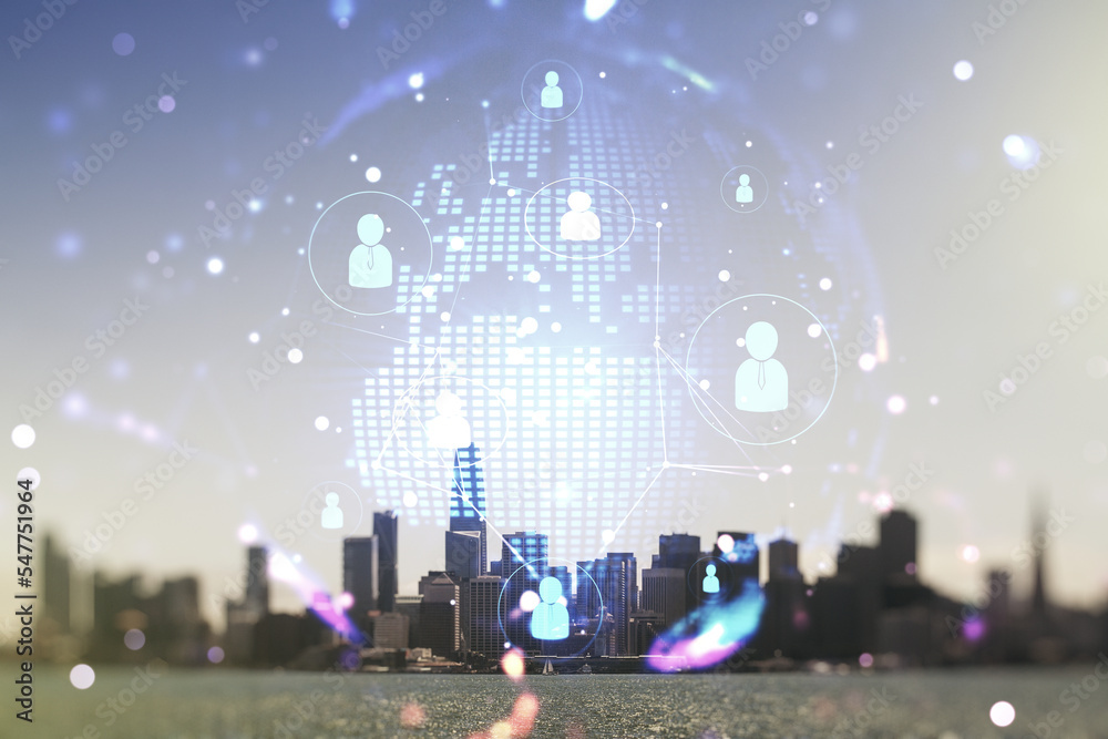 Virtual social network media hologram and world map on San Francisco cityscape background. Double exposure Virtual social network media hologram and world map on San Francisco cityscape background. Double exposure