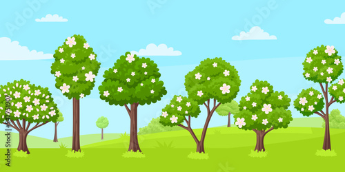 Spring blossom tree garden landscape. Green various cartoon trees flowers and petals. Blue sky with clouds, vector nature landscape. Sakura or peach or apple blooming