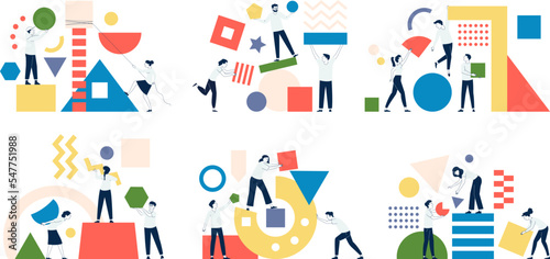 Collecting abstract color geometric shapes. Management, team work chaos metaphor. People working together, flat pair collect puzzle, recent vector scenes