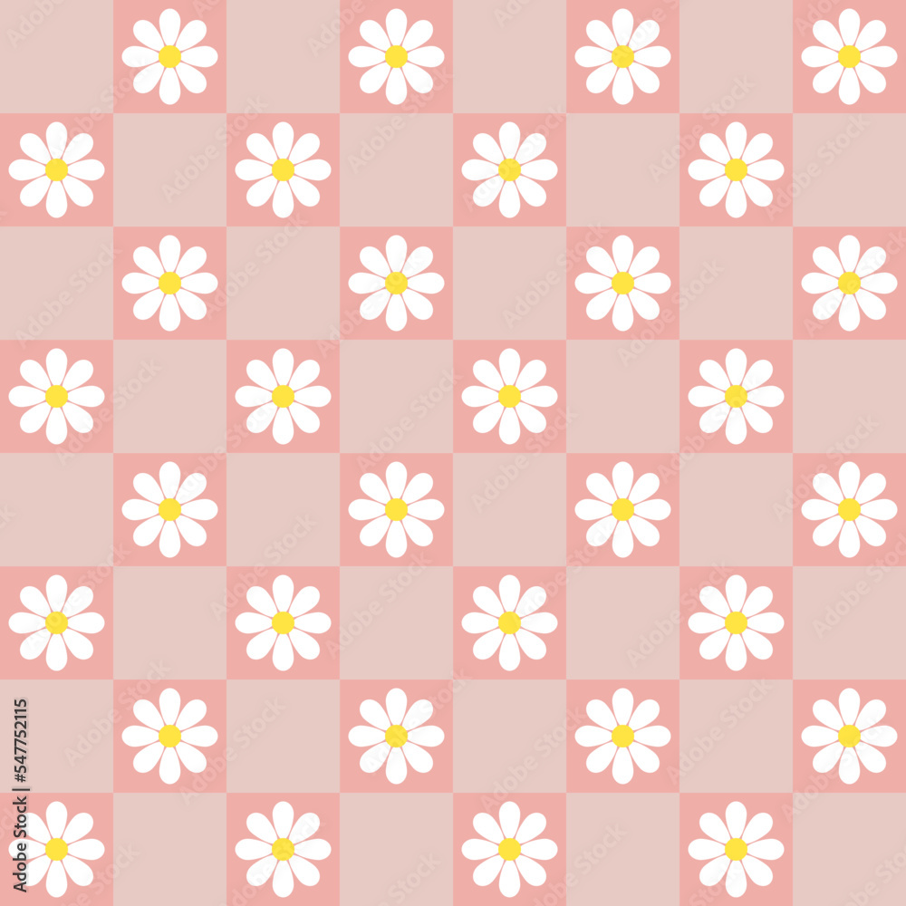 Abstract seamless pattern with daisy. Retro checkered pink background. Vector texture for print, textile, fabric.