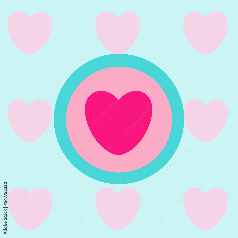 Background, texture in pastel colors, marshmallow color, with hearts and circles in pink and turquoise. Vector cute simple illustration for valentine's day, romance, love