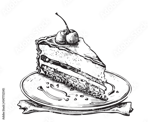 Piece of cake on a plate hand drawn sketch Vector illustration