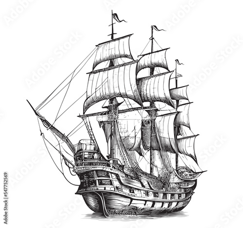 Obraz na płótnie Pirate ship hand drawn sketch Vector illustration