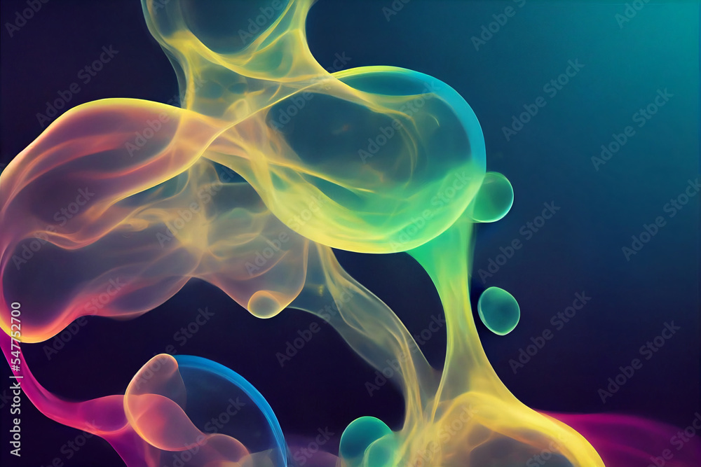 Arstract gardient background of fusionated blobs and rganic floating multicolor incense smoke