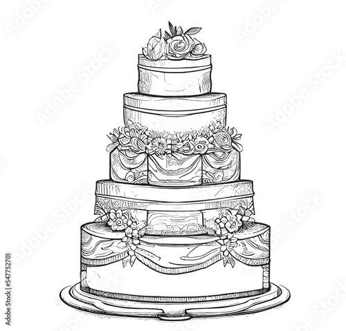 Wedding delicious cake hand drawn sketch Vector illustration.