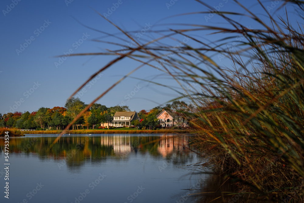 house on the lake in Autumn with grass in the foreground. house on the lake in Autumn with grass in the foreground.