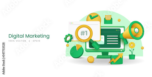 3d vector monitor with concept of digital marketing, business analysis, and target marketing vector illustration