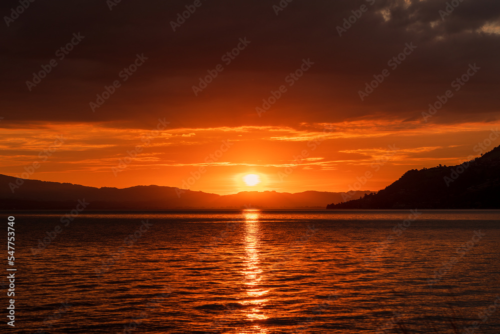 Sunset at Lake Thun in Switzerland.