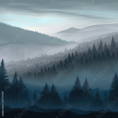 Moody mountain forest trees at early morning with fog. Wood winter conifer trees. Nature mood landscape © AkuAku