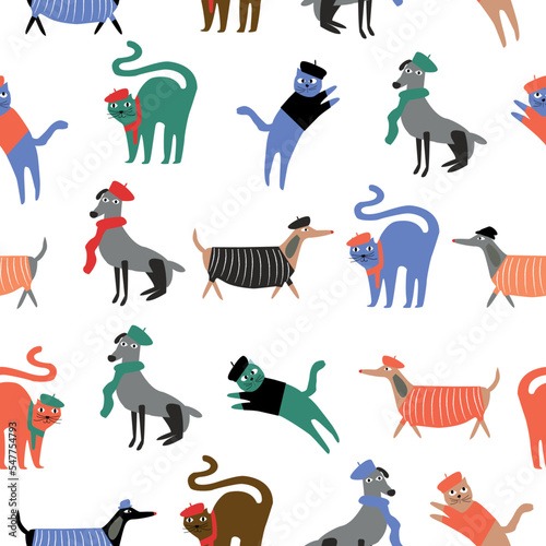 Childish seamless pattern with funny cute dogs and cats. Trendy scandinavian vector background. Perfect for kids apparel,fabric, textile, nursery decoration,wrapping paper.
