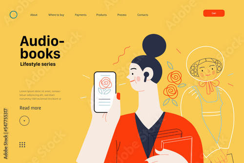 Lifestyle web template -Audiobooks -modern flat vector illustration of a woman listening an audiobook with buds in the tablet application, Victorian Era literary character. People activities concept