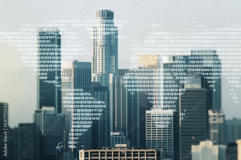 Fototapeta premium Abstract creative world map interface on Los Angeles skyline background, international trading concept. Multiexposure