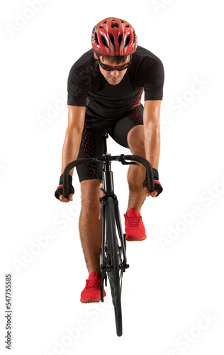 Man racing cyclist on white background