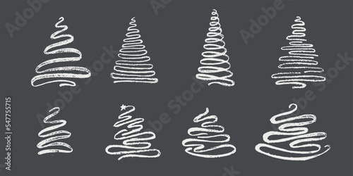 Hand drawn set Christmas tree. Abstract doodle grunge drawing woods. Vector stock illustration isolated on black chalkboard background. 