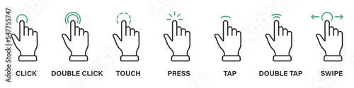 Hand Finger Touch, Swipe, Click, Press and Tap Line Icon Set. Gesture Slide Left and Right Outline Icon. Double Click and Tap Sign. Editable Stroke. Isolated Vector Illustration