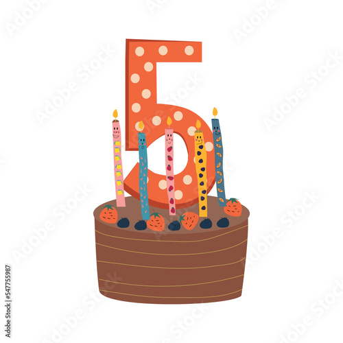 Five years old birthday cake with candles. Vector illustration.