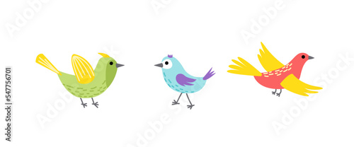 Bird colorful set. Flying bird. Little bird, nestling, chick. Spring, easter. Flat, cartoon, isolated 