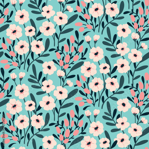 Seamless floral pattern, cute girly ditsy print with small delicate plants. Pretty flower design with hand drawn wild plants: tiny flowers, leaves, twigs on a blue background. Vector illustration.