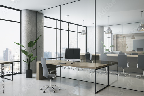 Clean wooden, concrete and glass coworking office interior with furniture, equipment, window and city view. Law, legal and commercial workplace concept. 3D Rendering.
