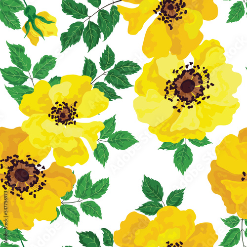 Seamless floral pattern, bright botanical design with large yellow flowers on a white background. Cute flower print with hand drawn rose hip flowers and leaves. Vector floral illustration.
