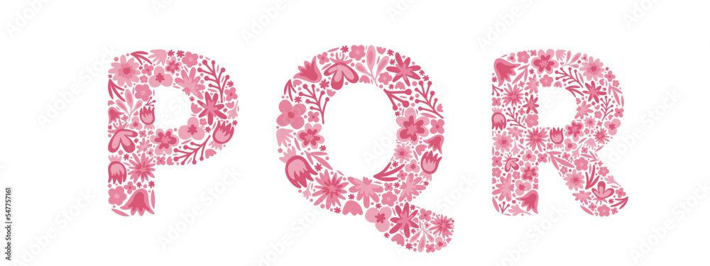 Floral letters P, Q, R. Font of pink flowers. Alphabet. Doodle. Vector