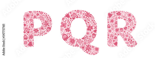 Floral letters P, Q, R. Font of pink flowers. Alphabet. Doodle. Vector