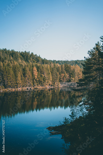 Beautiful lake at autumn in Norway reflecting