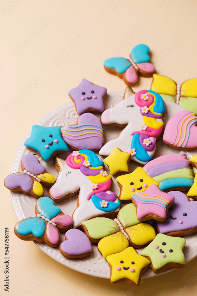 Cookies of different shapes in colored glaze