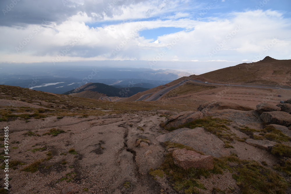 View of Pikes Peak, Colorado, with winding road