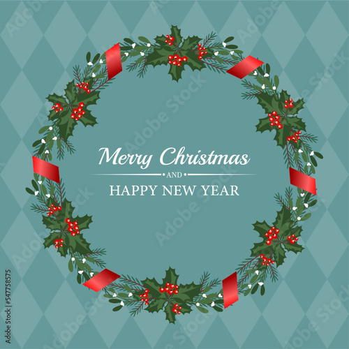 Elegant New Year's background with a Christmas wreath made of holly, a Christmas tree and mistletoe